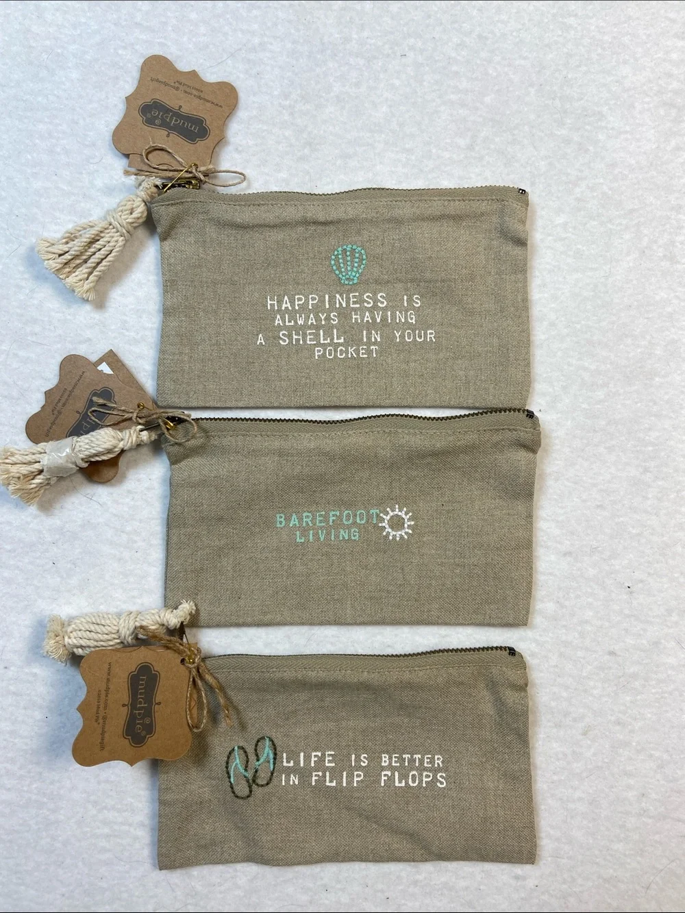 Mud Pie Tan Canvas EmbroideredPouch Trio with Tassels NWT Beach Summer Cosmetic